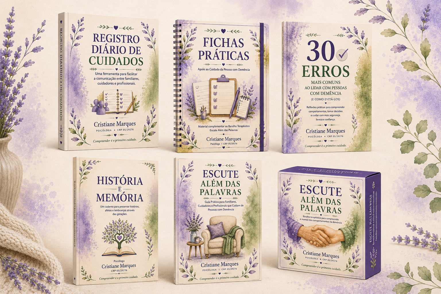 Mockup com os seis materiais do Kit Completo Escute Além das Palavras